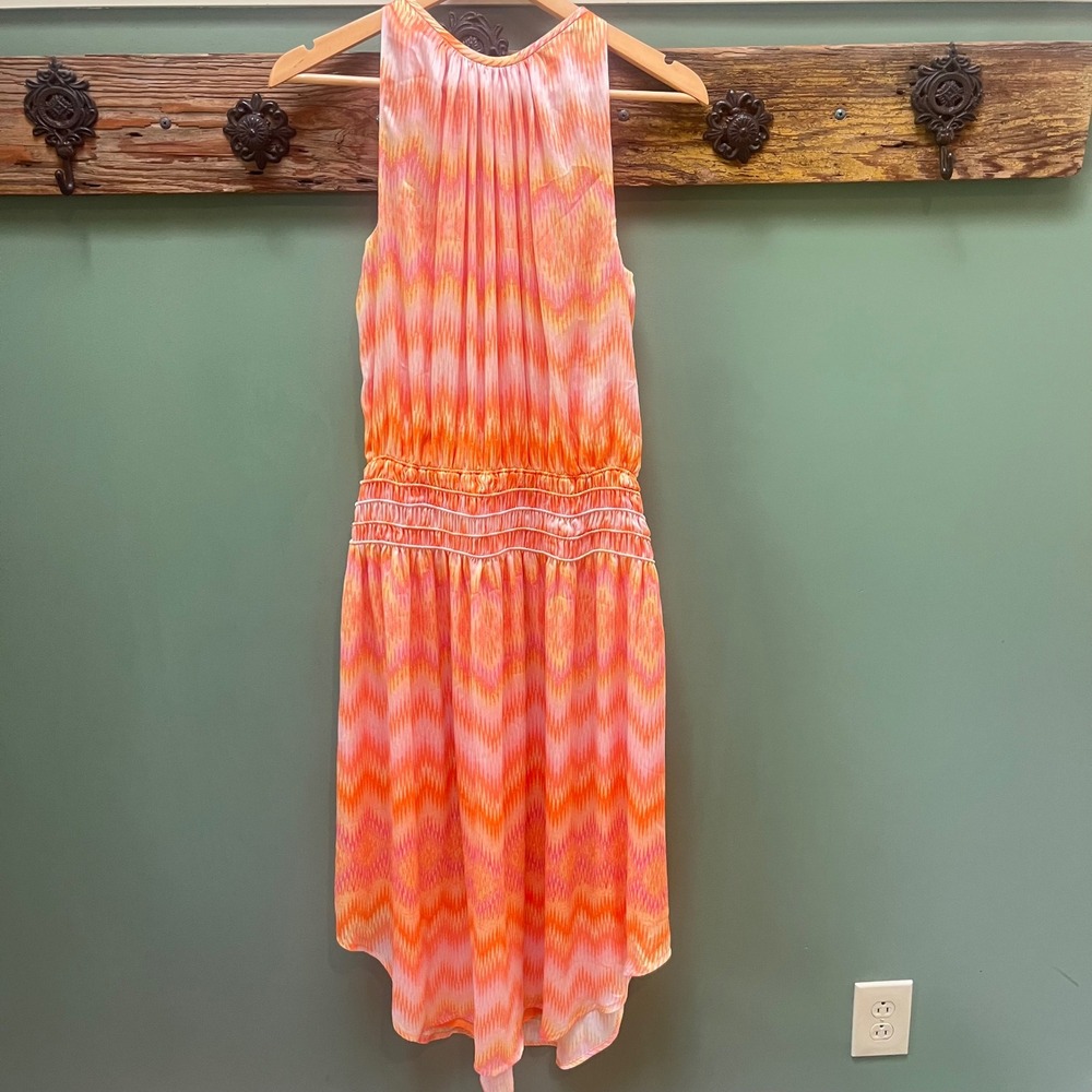 Ramy Brook Orange Pink Ikat Chevron Smocked Waist High Neck Dress Medium